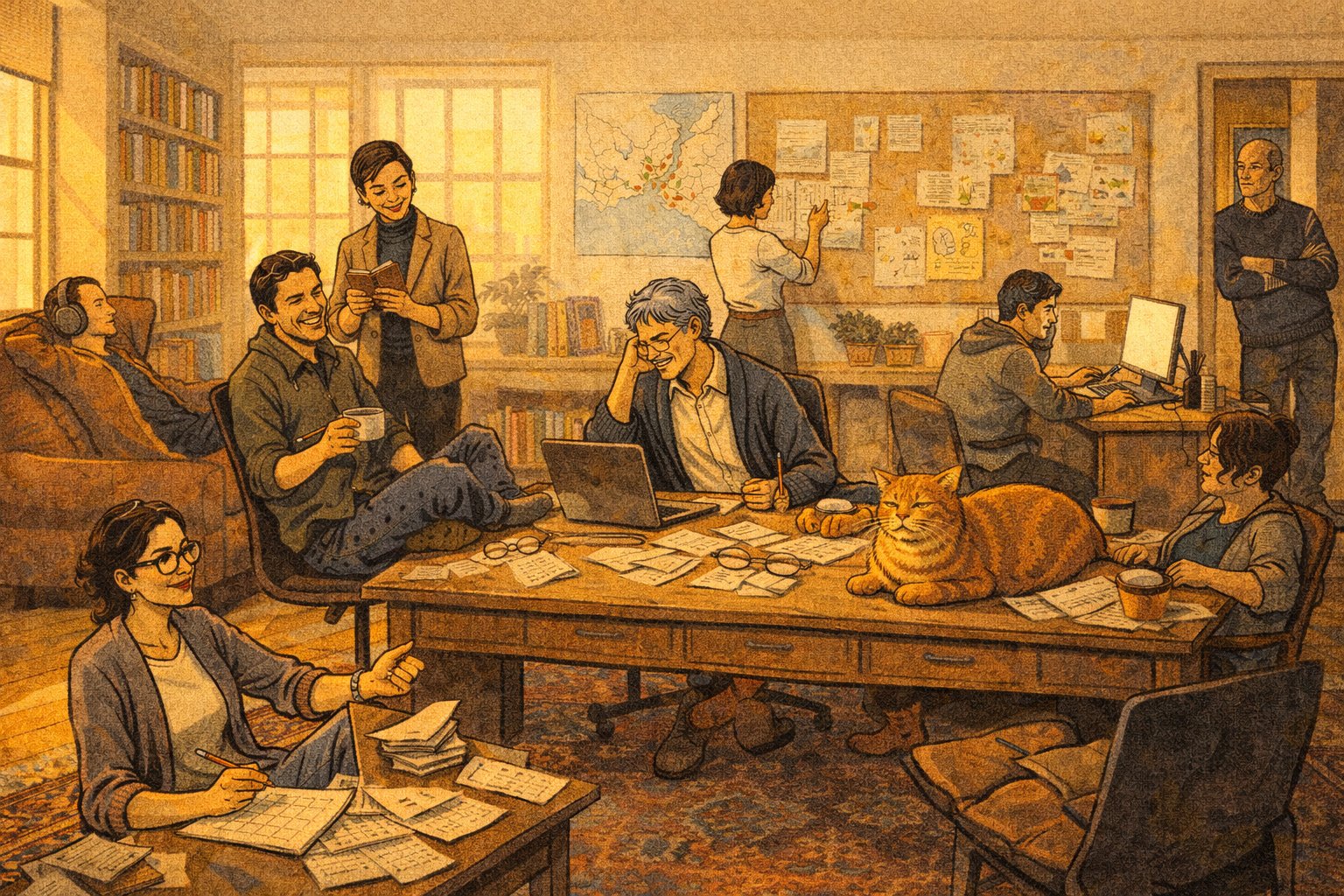 Miskincin stüdyosu, geç öğleden sonra ışığında çalışan ekip ve ofis kedisi Miskin